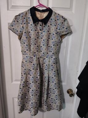 Modcloth Cream and Navy Geometric Collar Dress